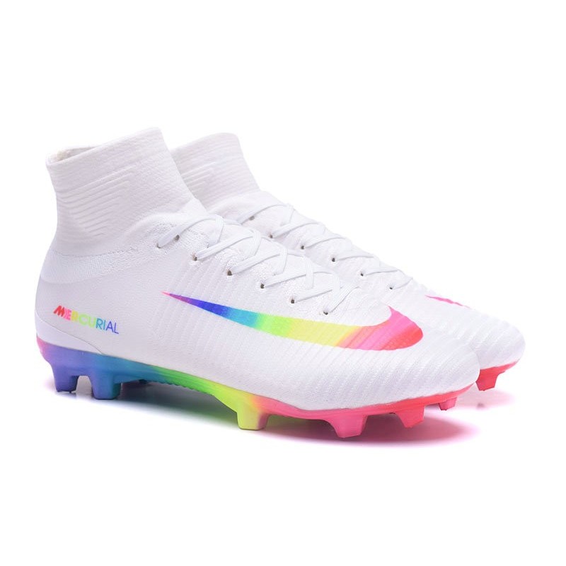 white and rainbow soccer cleats